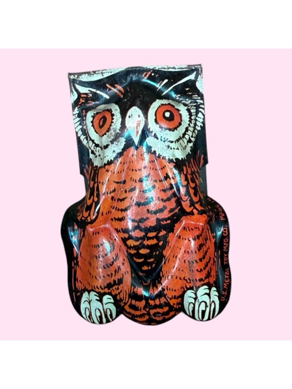 Vintage US Metal Toy Halloween Owl Tin Litho Noisemaker Novelty Toy MCM